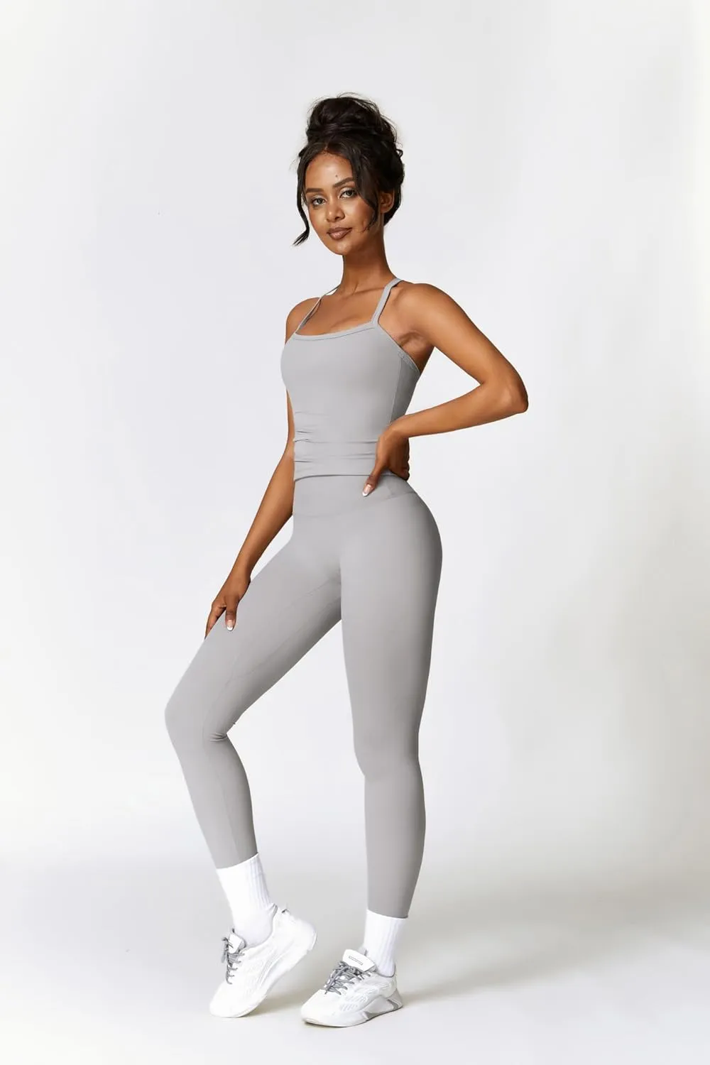 Womens Workout Sets Two Piece Cross Back Tank Top Matching High Waist Leggings Sets Gym Outfits Work Out Clothes