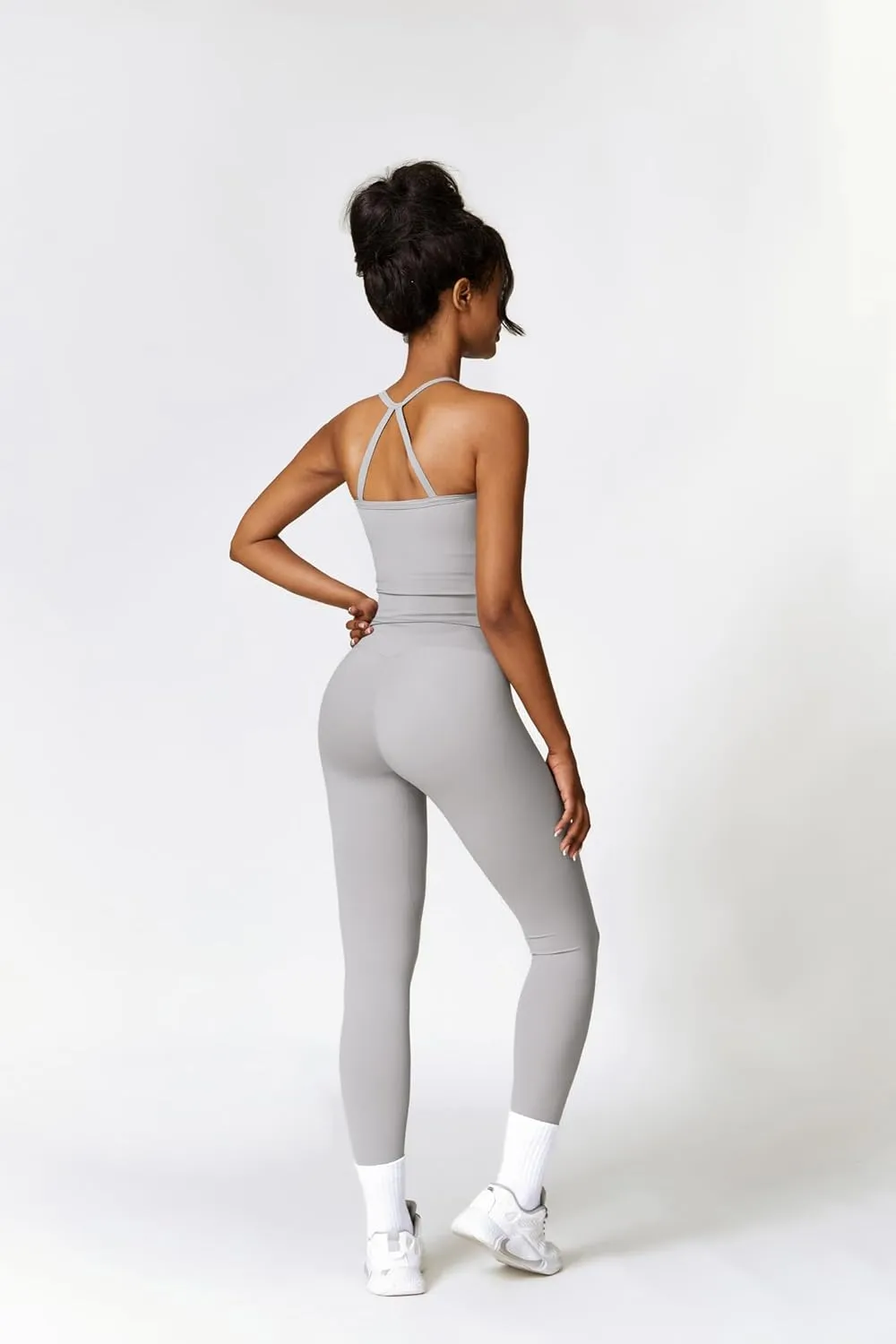Womens Workout Sets Two Piece Cross Back Tank Top Matching High Waist Leggings Sets Gym Outfits Work Out Clothes