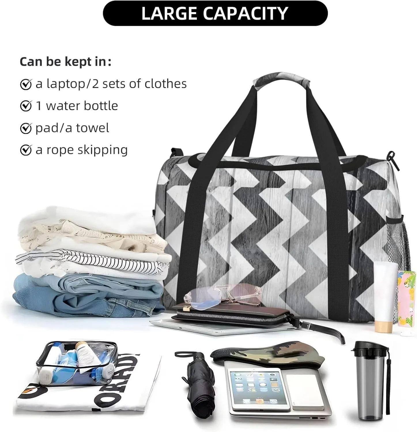 Wood Board Black And White Travel Duffel Bag Large Foldable Waterproof Overnight Bag For Beach Swim Bags Pool Sports Gym