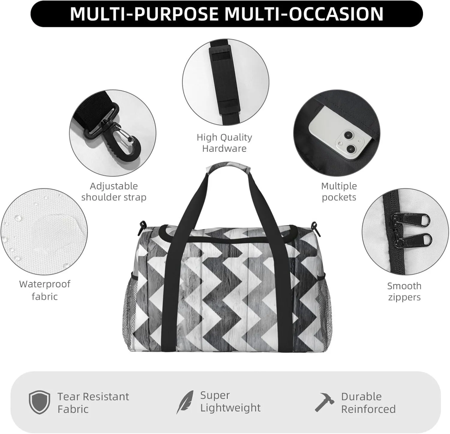 Wood Board Black And White Travel Duffel Bag Large Foldable Waterproof Overnight Bag For Beach Swim Bags Pool Sports Gym