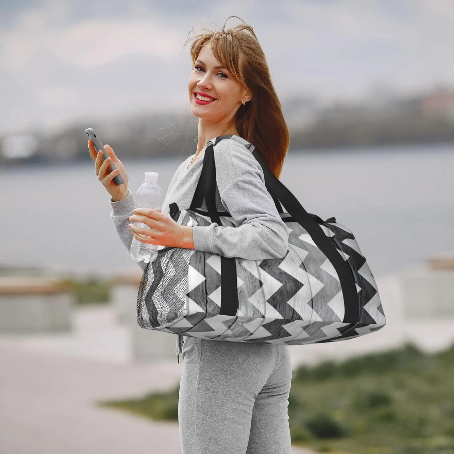 Wood Board Black And White Travel Duffel Bag Large Foldable Waterproof Overnight Bag For Beach Swim Bags Pool Sports Gym