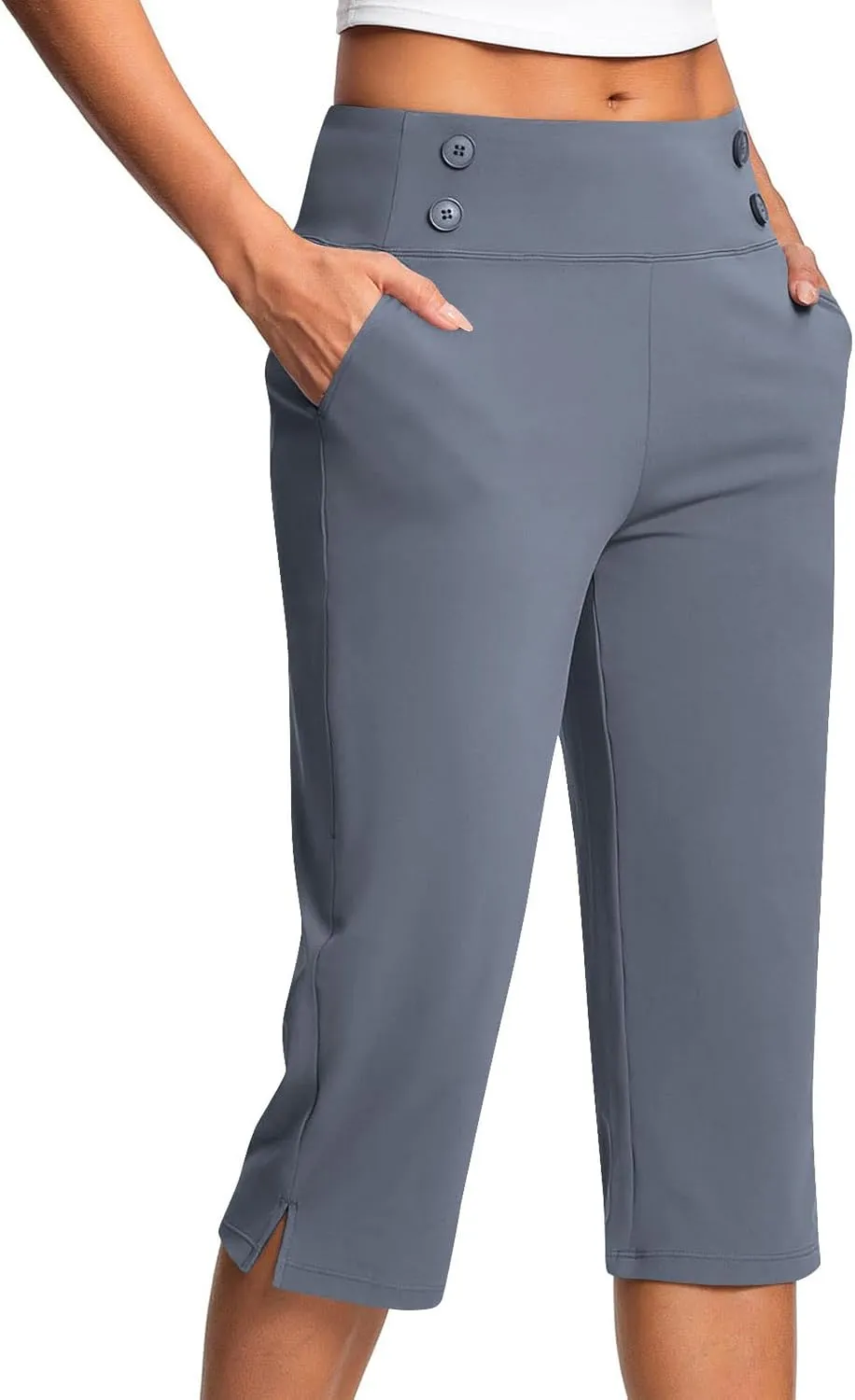 Work Pants Women Elastic Waist Summer Pants for Women with Pockets Button Casual Straight Leg Pull On Capri Trousers