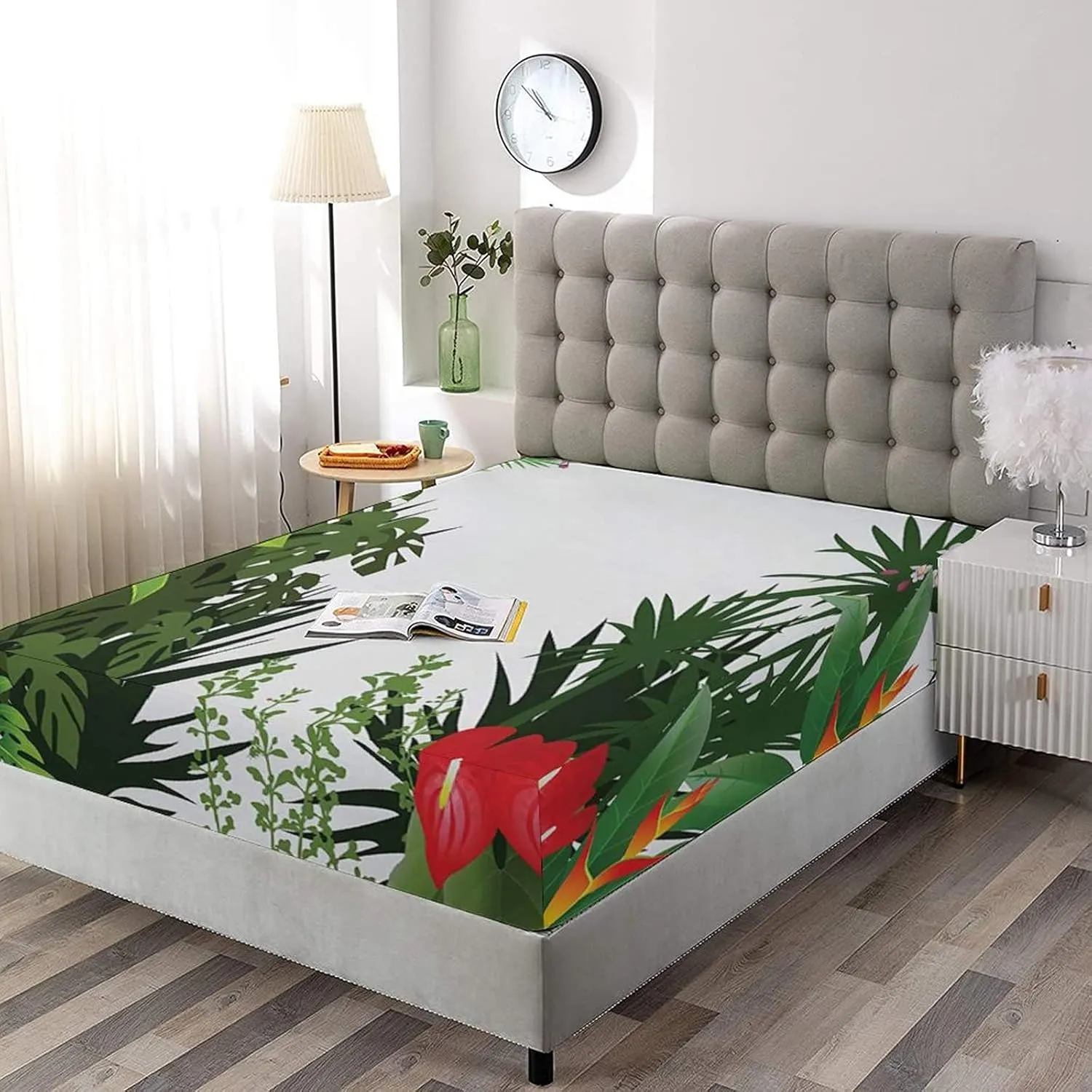 XISUNYA Decorative Fitted Sheet Set Full Size, Jungle Deep Pockets Fitted Sheet & 2 Pillow Sham Set, Rainforest Vegetation Tropical Leaves and Flowers Printed Microfiber Bedding 3pc Set,for Mattress