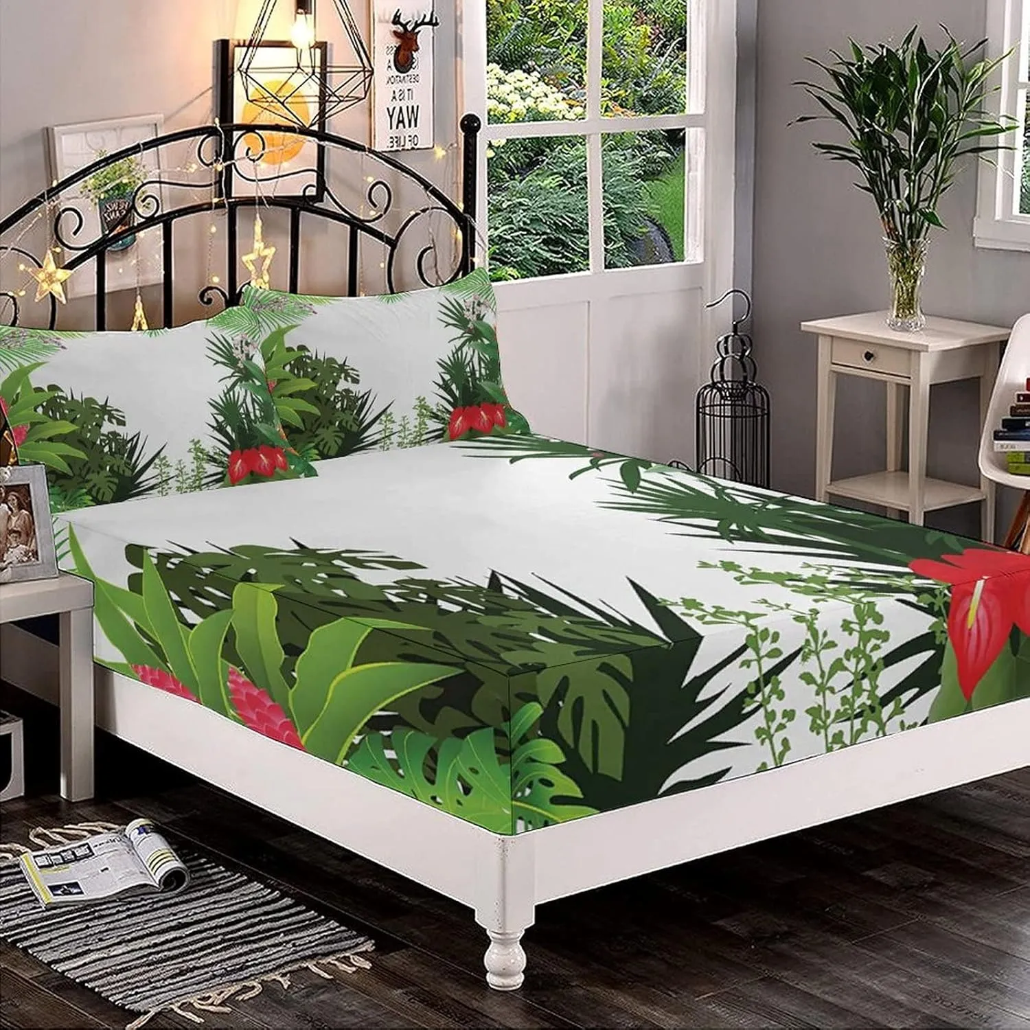 XISUNYA Decorative Fitted Sheet Set Full Size, Jungle Deep Pockets Fitted Sheet & 2 Pillow Sham Set, Rainforest Vegetation Tropical Leaves and Flowers Printed Microfiber Bedding 3pc Set,for Mattress