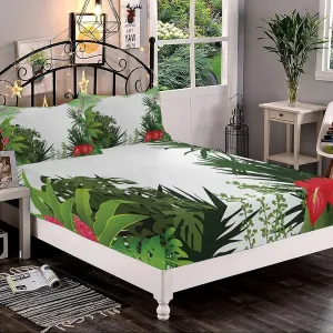 XISUNYA Decorative Fitted Sheet Set Full Size, Jungle Deep Pockets Fitted Sheet & 2 Pillow Sham Set, Rainforest Vegetation Tropical Leaves and Flowers Printed Microfiber Bedding 3pc Set,for Mattress