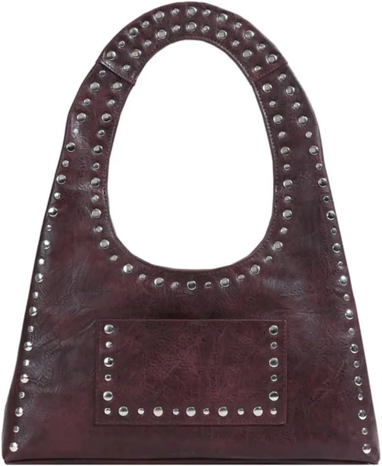 Y2k Crescent Hobo Bags Women 90s Trendy Studded Shoulder Satchels Crossbody Purse PU Leather Punk Underarm Tote Handbag