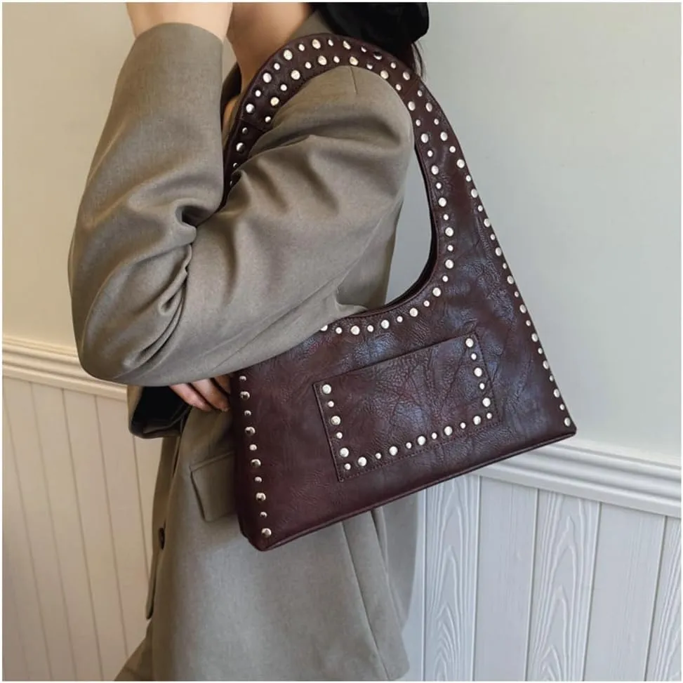 Y2k Crescent Hobo Bags Women 90s Trendy Studded Shoulder Satchels Crossbody Purse PU Leather Punk Underarm Tote Handbag
