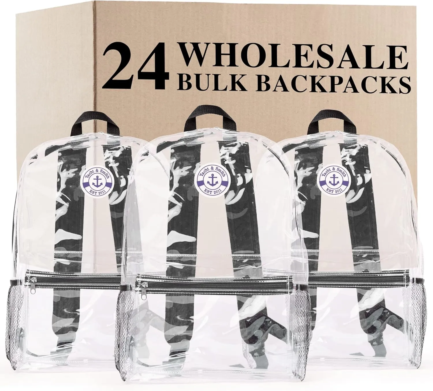 Yacht & Smith 24 Pack Clear Transparent Backpacks, Bulk 17 inch Lightweight Outdoor Travel Gym Corporate Events Bag