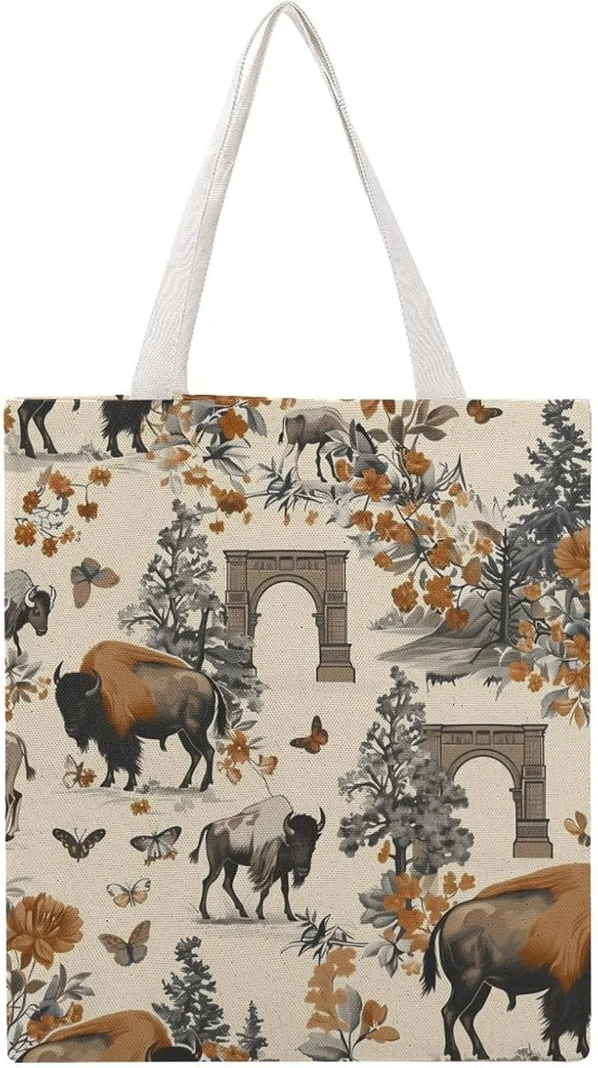 Yellowstone National Park Bison Novelty Tote Bag Canvas Shoulder Bag Reusable Grocery Shopping Bag Funny Handbag Printed