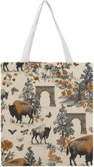 Yellowstone National Park Bison Novelty Tote Bag Canvas Shoulder Bag Reusable Grocery Shopping Bag Funny Handbag Printed