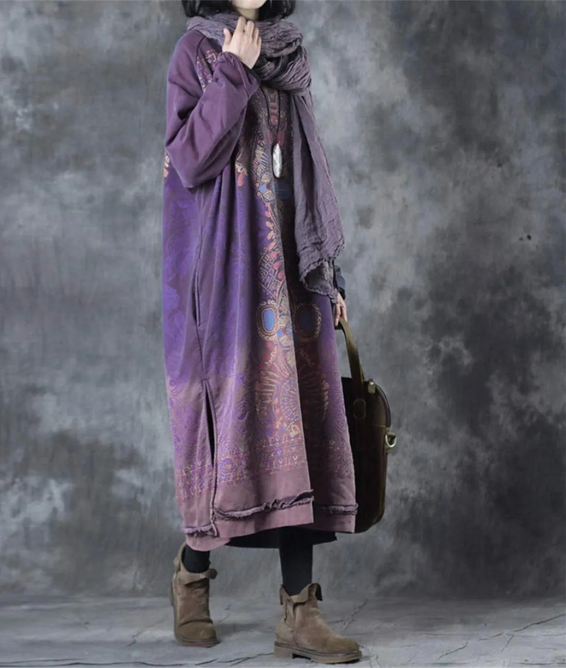 YESNO Women Long Loose Fit Sweatshirt Dress Ombre Ethnic Printed 4/5 Sleeve Side Slit with Pockets Tunic Pullover JGP