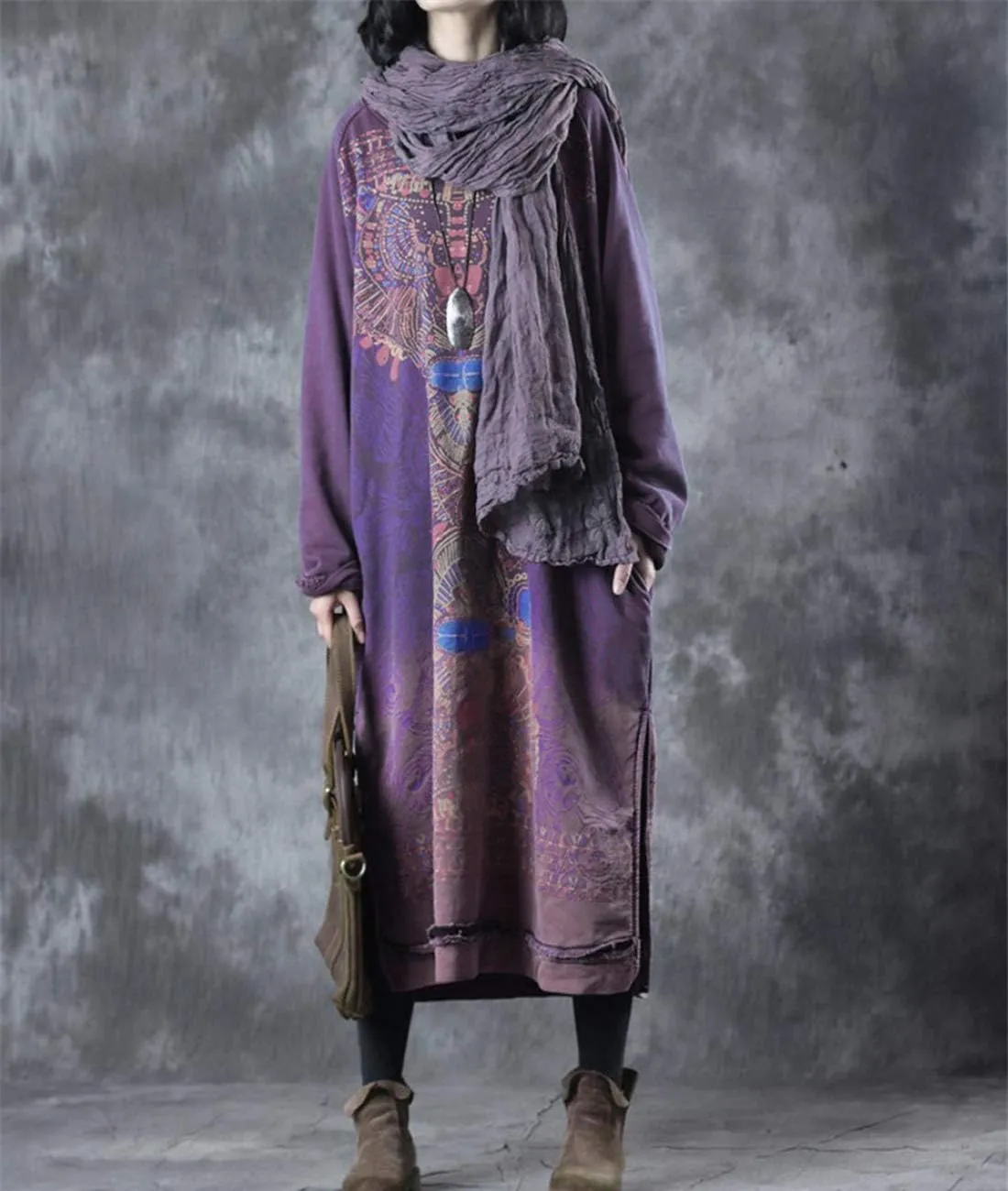 YESNO Women Long Loose Fit Sweatshirt Dress Ombre Ethnic Printed 4/5 Sleeve Side Slit with Pockets Tunic Pullover JGP