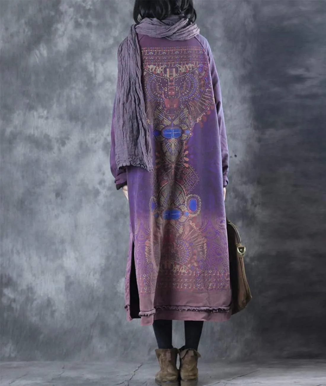 YESNO Women Long Loose Fit Sweatshirt Dress Ombre Ethnic Printed 4/5 Sleeve Side Slit with Pockets Tunic Pullover JGP
