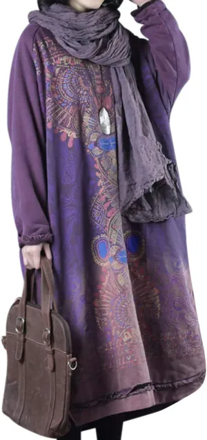 YESNO Women Long Loose Fit Sweatshirt Dress Ombre Ethnic Printed 4/5 Sleeve Side Slit with Pockets Tunic Pullover JGP