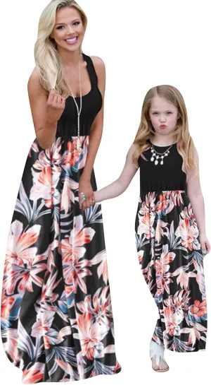 YMING Mommy and Daughter Matching Dresses Parent Child Sleeveless Outfits Floral Printed Dress