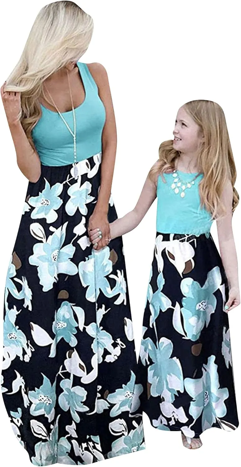 YMING Mommy and Daughter Matching Dresses Parent Child Sleeveless Outfits Floral Printed Dress