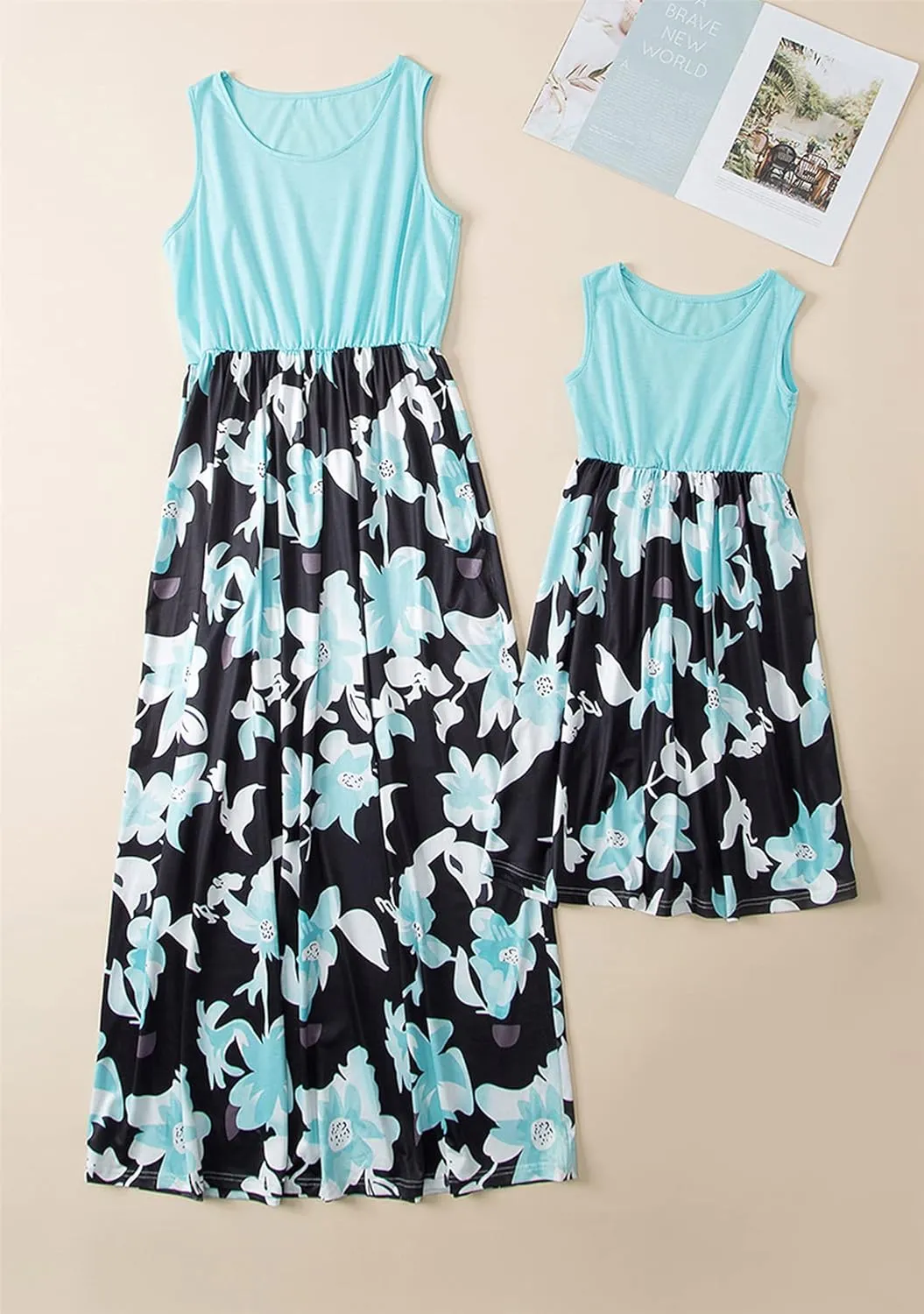 YMING Mommy and Daughter Matching Dresses Parent Child Sleeveless Outfits Floral Printed Dress