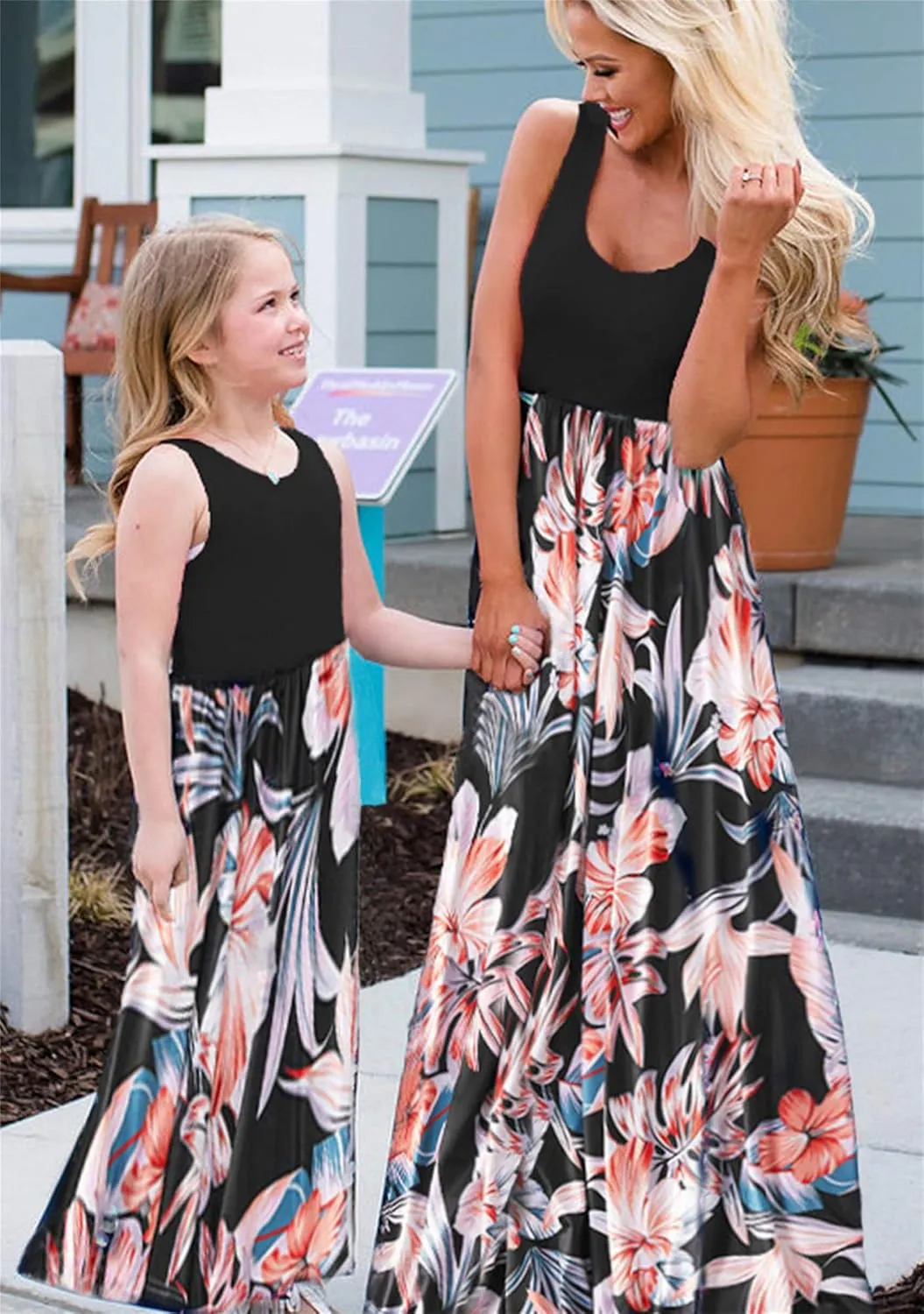 YMING Mommy and Daughter Matching Dresses Parent Child Sleeveless Outfits Floral Printed Dress
