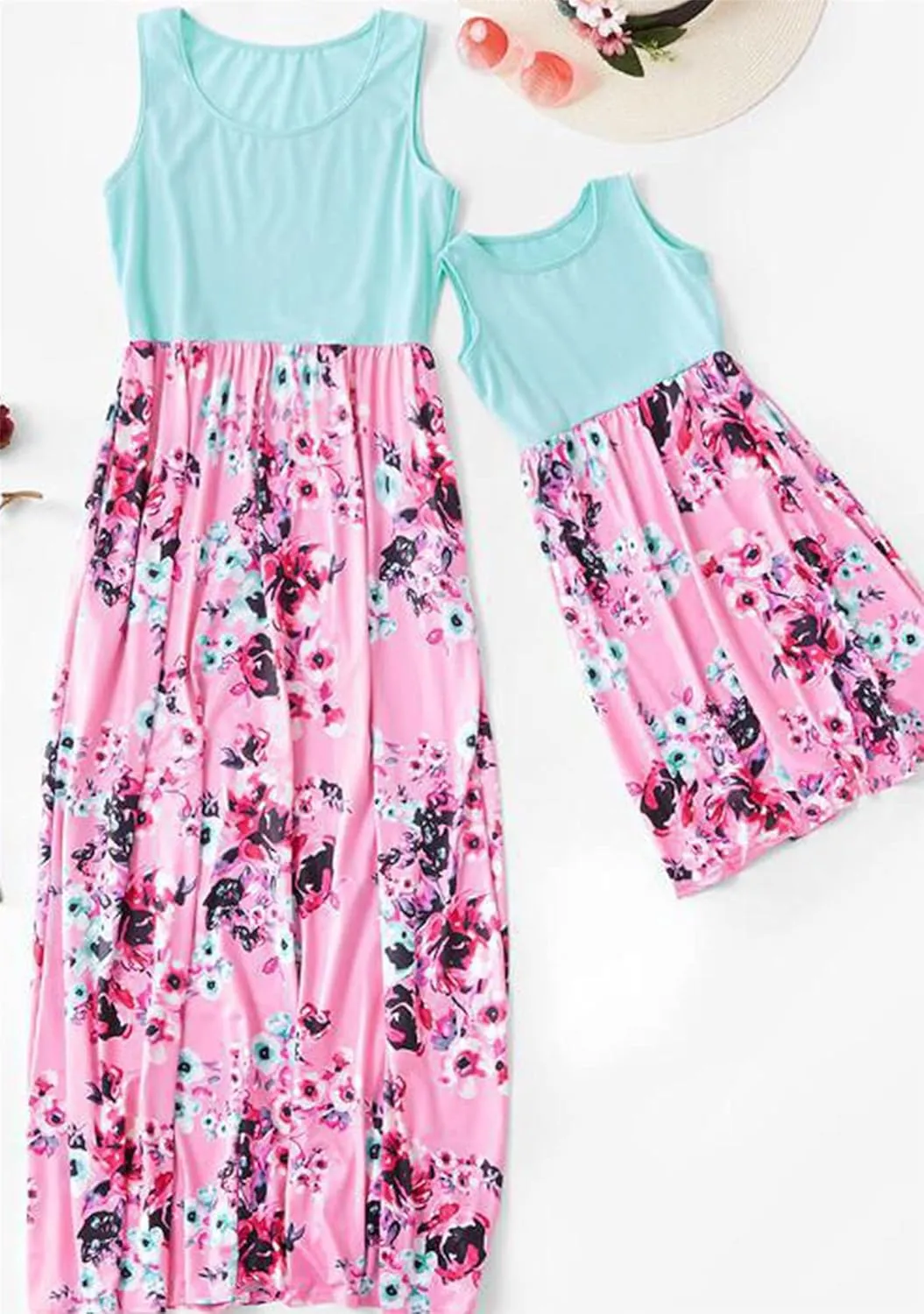 YMING Mommy and Daughter Matching Dresses Parent Child Sleeveless Outfits Floral Printed Dress