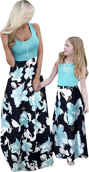YMING Mommy and Daughter Matching Dresses Parent Child Sleeveless Outfits Floral Printed Dress