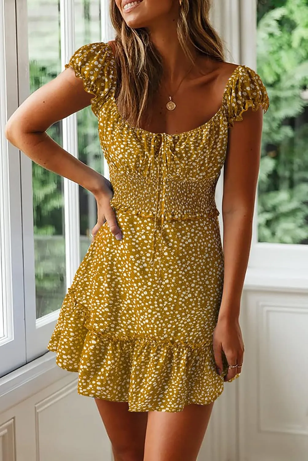YOBECHO Womens Summer Sexy Sweetheart Collar Printed Ruffle Mini Dress