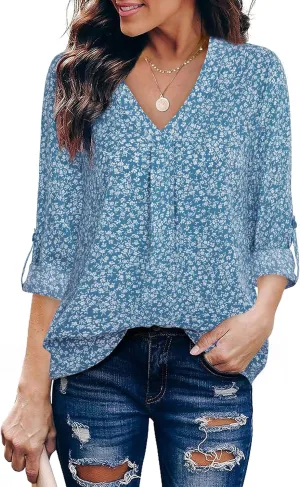 Youtalia Womens Blouses Dressy Casual Business Tops 3/4 Sleeve Chiffon V Neck Work Office Shirts