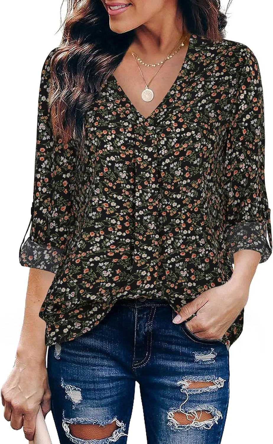 Youtalia Womens Blouses Dressy Casual Business Tops 3/4 Sleeve Chiffon V Neck Work Office Shirts