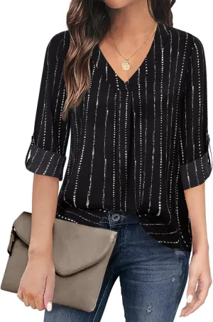 Youtalia Womens Blouses Dressy Casual Business Tops 3/4 Sleeve Chiffon V Neck Work Office Shirts