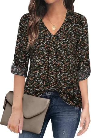 Youtalia Womens Blouses Dressy Casual Business Tops 3/4 Sleeve Chiffon V Neck Work Office Shirts