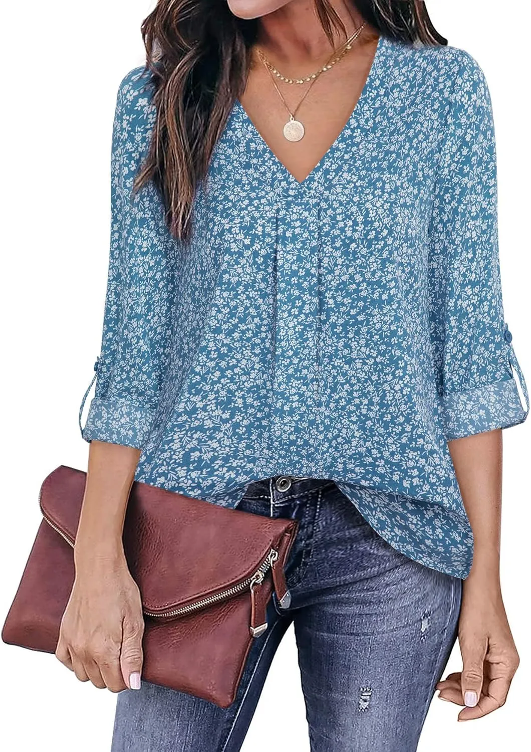 Youtalia Womens Blouses Dressy Casual Business Tops 3/4 Sleeve Chiffon V Neck Work Office Shirts