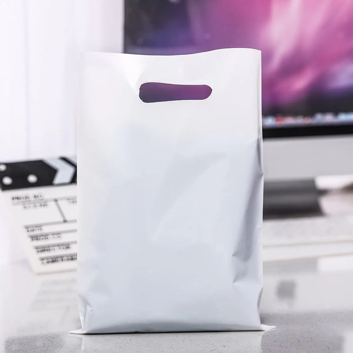 ysmile Merchandise Bag for Small Business Plastic Shopping Bag Store Retail Bag Die Cut Poly Bag with Handle 7.8"x11.8" - White