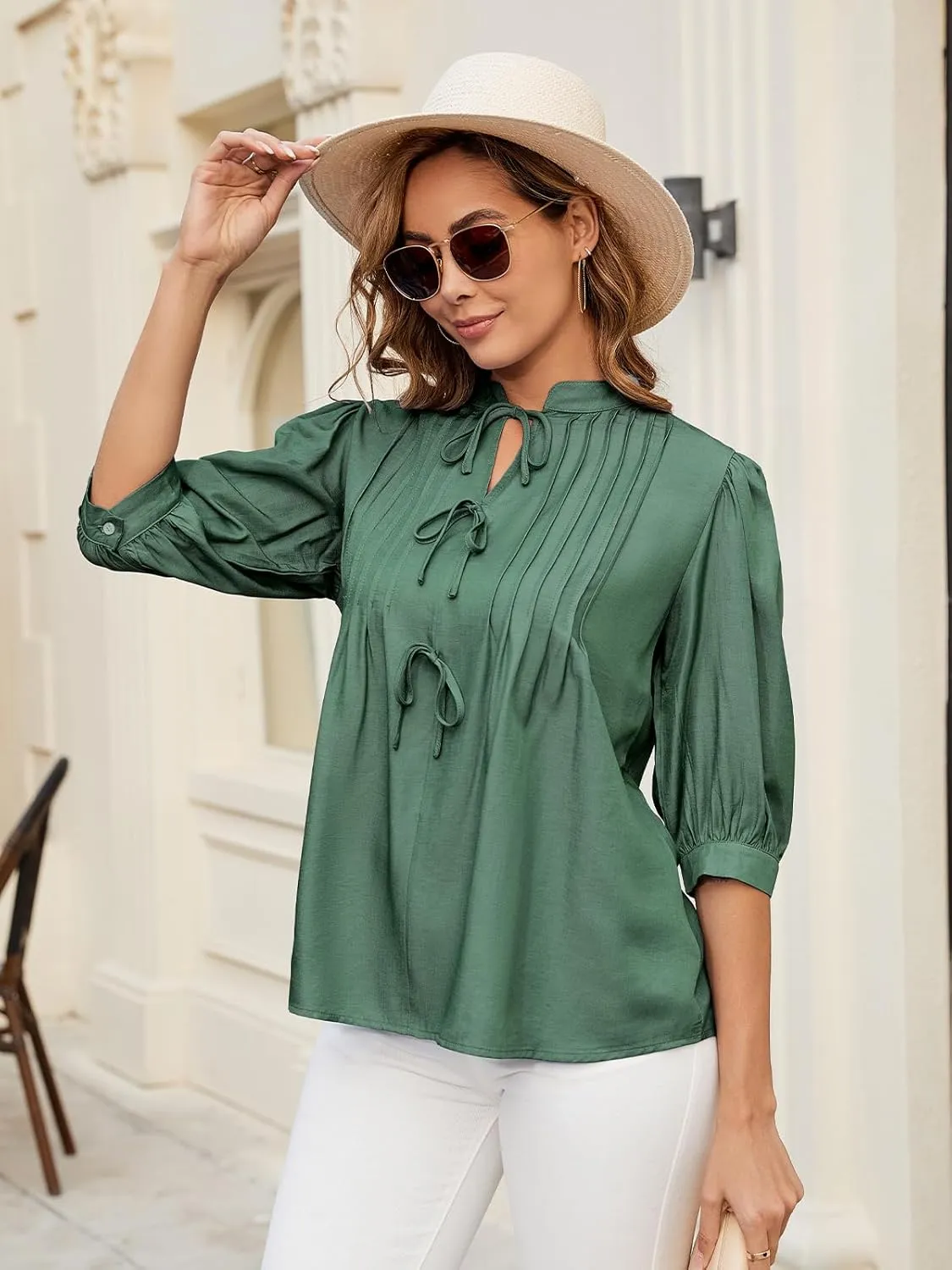 ZAFUL Womens Casual Tops 2025 V Neck Pleated Blouse 3/4 Sleeve Peplum Shirt Cute Bows Babydoll Top
