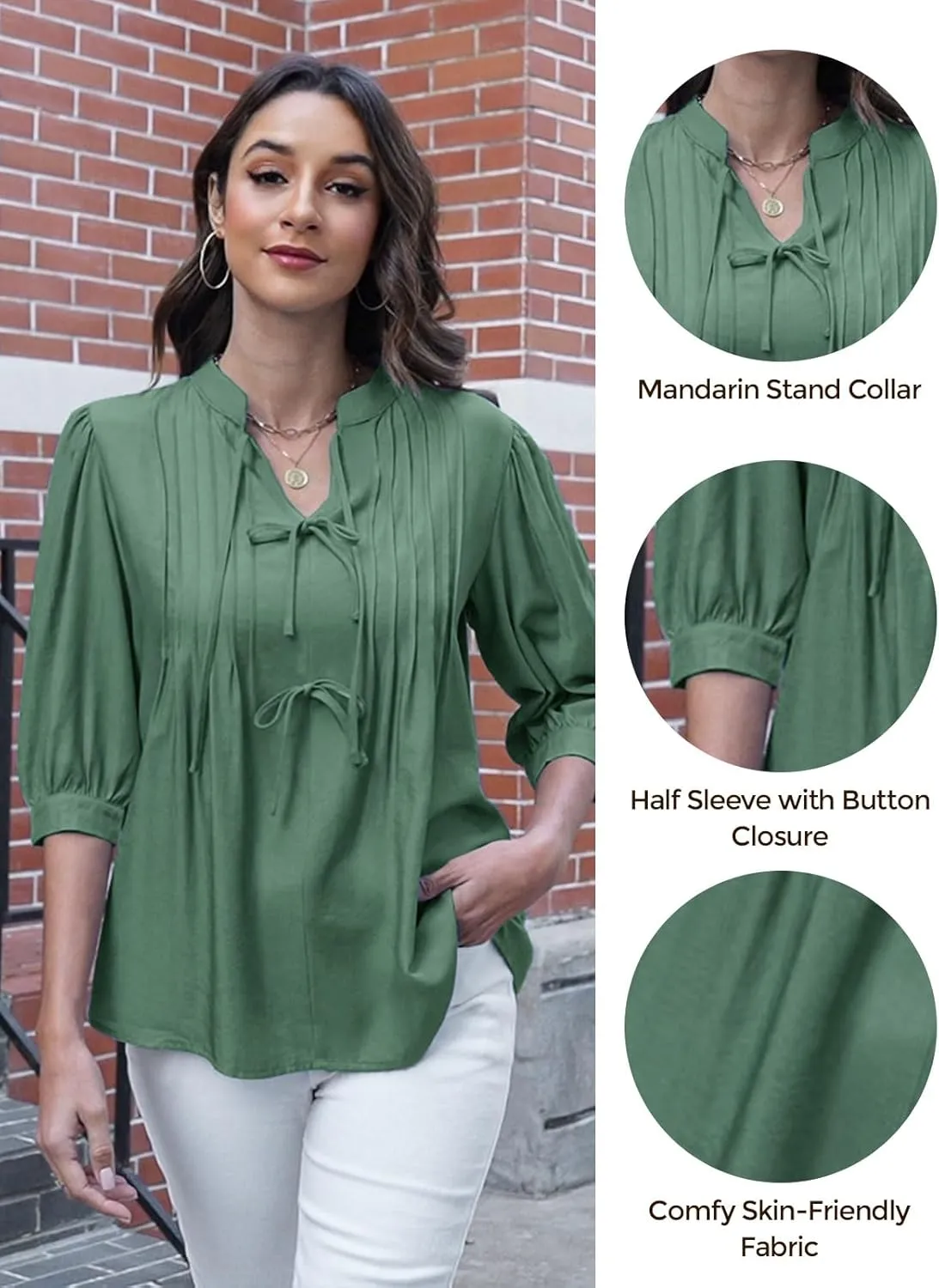 ZAFUL Womens Casual Tops 2025 V Neck Pleated Blouse 3/4 Sleeve Peplum Shirt Cute Bows Babydoll Top