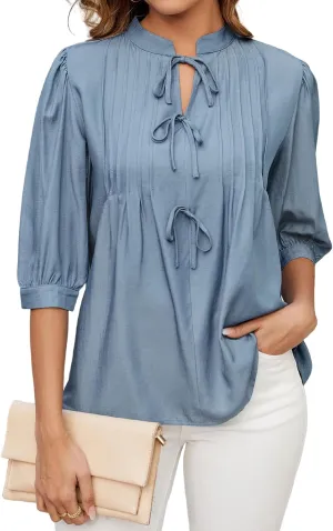 ZAFUL Womens Casual Tops 2025 V Neck Pleated Blouse 3/4 Sleeve Peplum Shirt Cute Bows Babydoll Top