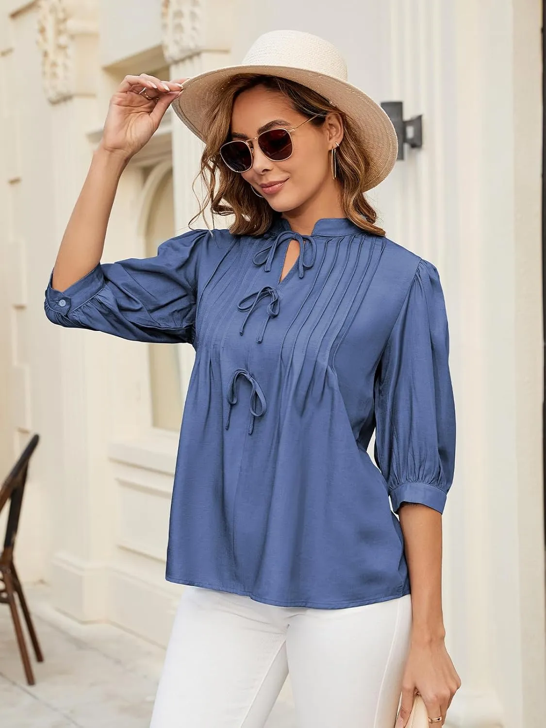 ZAFUL Womens Casual Tops 2025 V Neck Pleated Blouse 3/4 Sleeve Peplum Shirt Cute Bows Babydoll Top