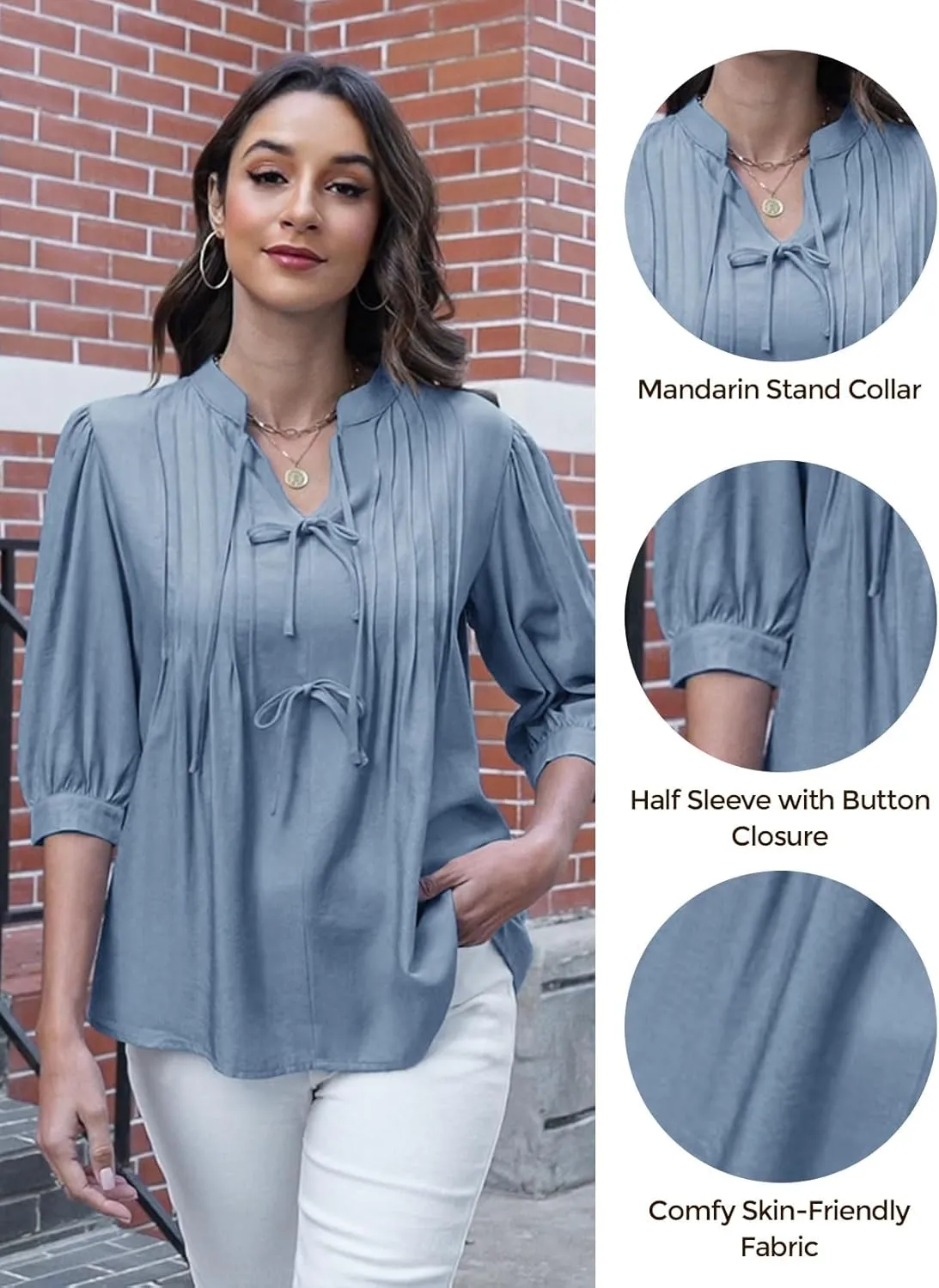 ZAFUL Womens Casual Tops 2025 V Neck Pleated Blouse 3/4 Sleeve Peplum Shirt Cute Bows Babydoll Top