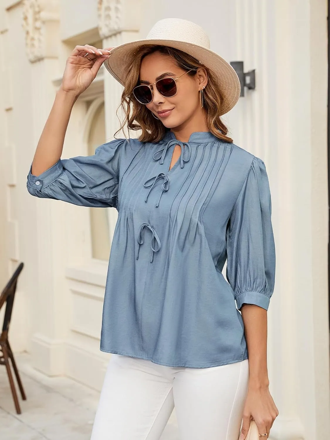 ZAFUL Womens Casual Tops 2025 V Neck Pleated Blouse 3/4 Sleeve Peplum Shirt Cute Bows Babydoll Top