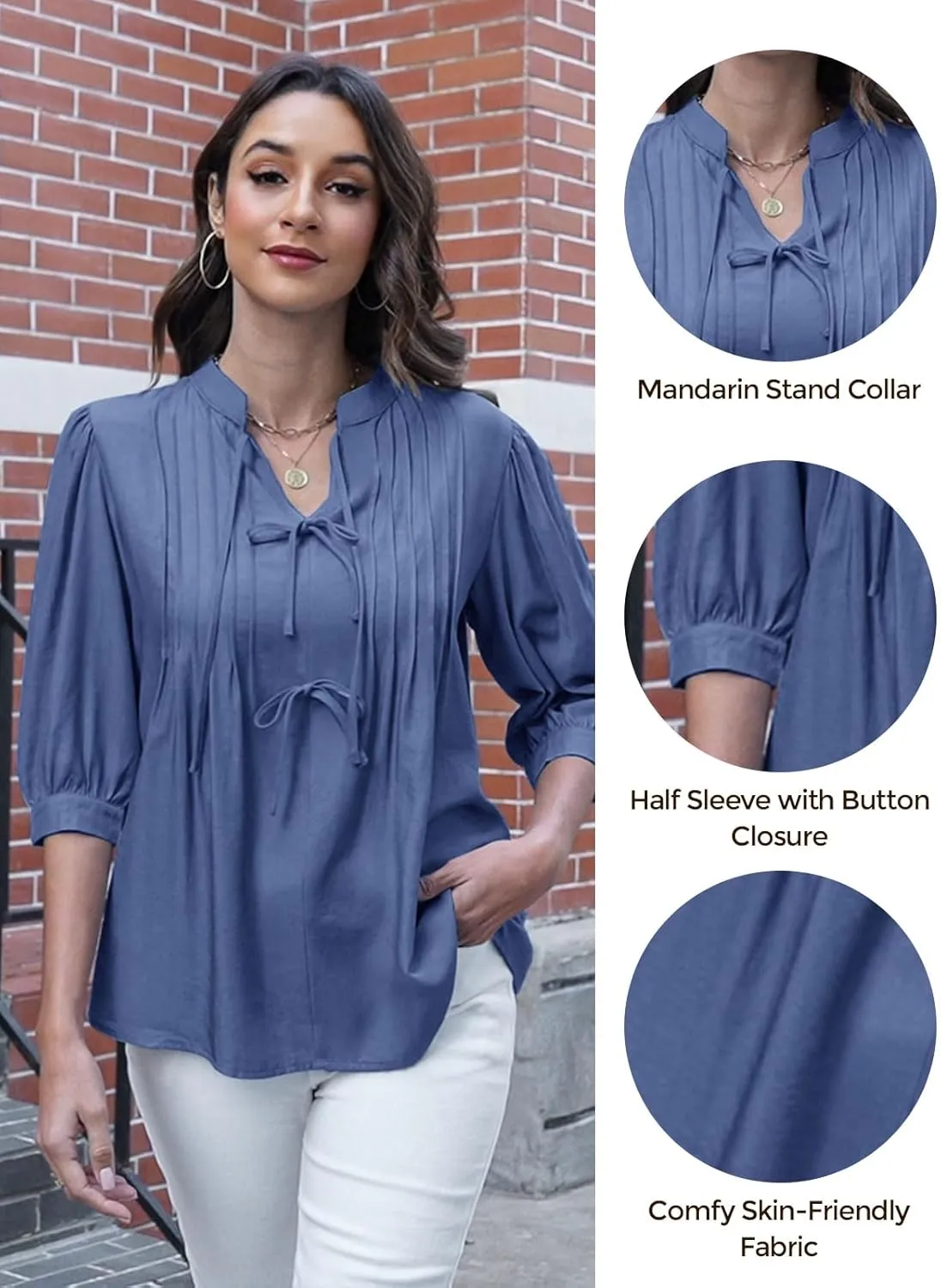 ZAFUL Womens Casual Tops 2025 V Neck Pleated Blouse 3/4 Sleeve Peplum Shirt Cute Bows Babydoll Top