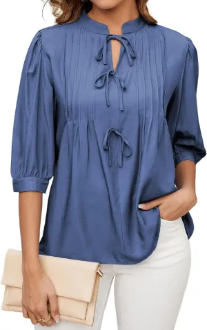 ZAFUL Womens Casual Tops 2025 V Neck Pleated Blouse 3/4 Sleeve Peplum Shirt Cute Bows Babydoll Top