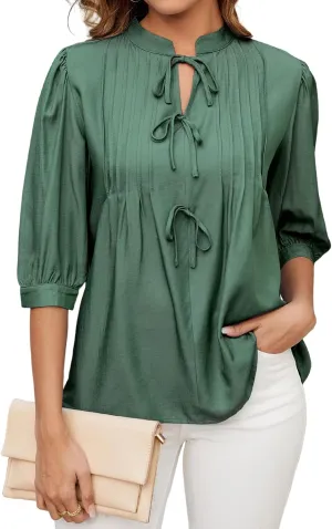 ZAFUL Womens Casual Tops 2025 V Neck Pleated Blouse 3/4 Sleeve Peplum Shirt Cute Bows Babydoll Top