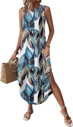 Zeagoo Women Floral Summer Dress Casual Beach Dress Printed Tank Dress with Pockets Pleated Front Long Dress