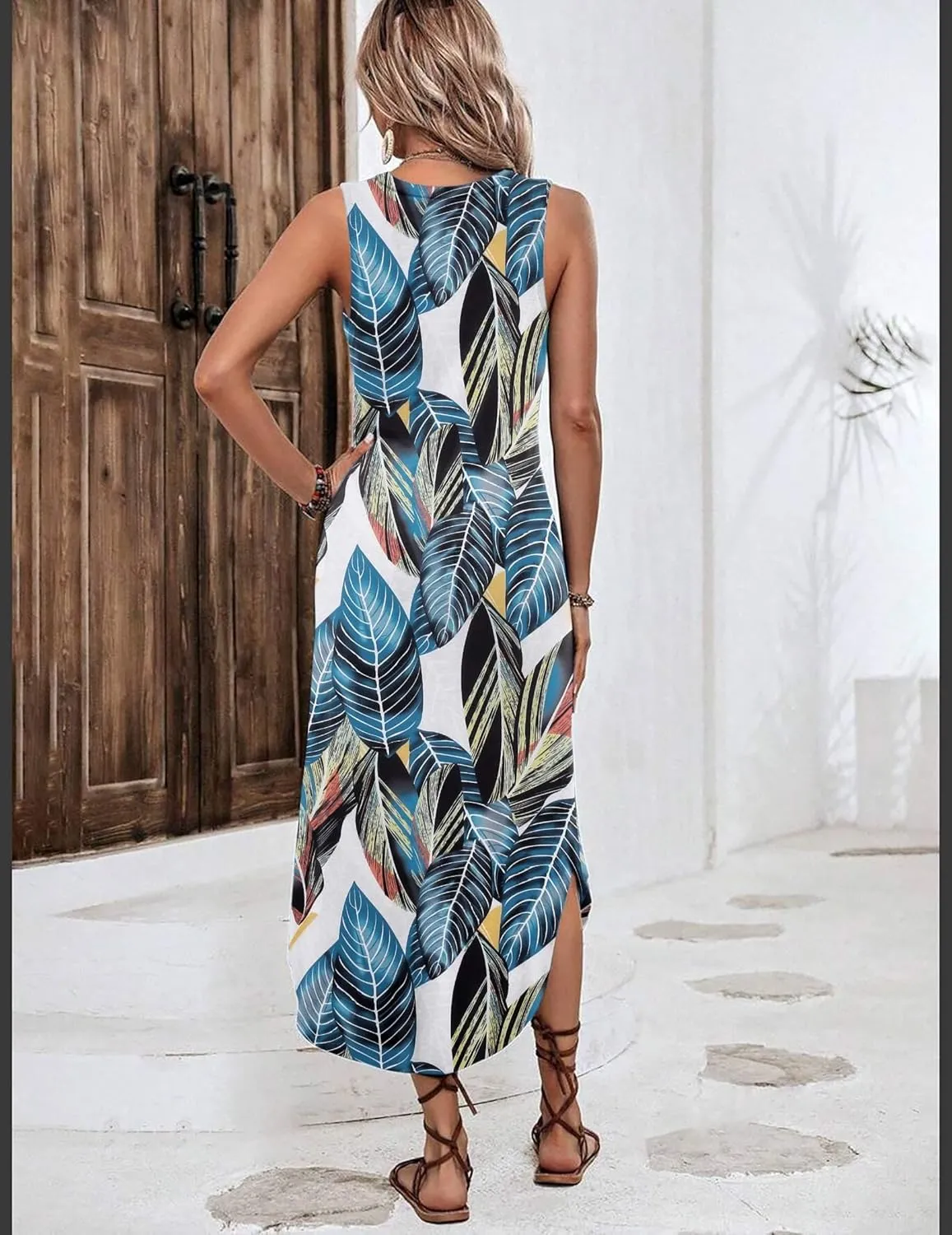 Zeagoo Women Floral Summer Dress Casual Beach Dress Printed Tank Dress with Pockets Pleated Front Long Dress