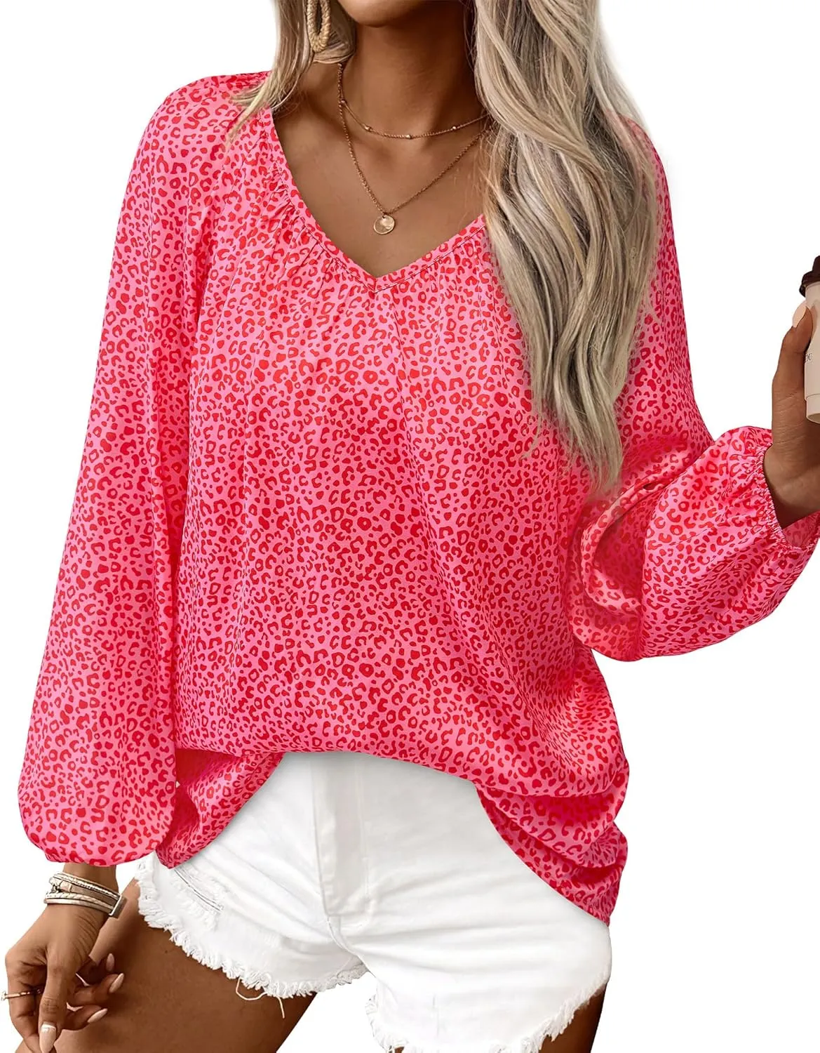 Zenlonr Women's Summer Tops Dressy Casual 2025 Long Sleeve V Neck Printed Shirts Boho Chiffon Work Blouses