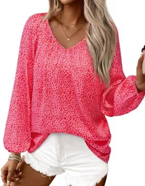 Zenlonr Women's Summer Tops Dressy Casual 2025 Long Sleeve V Neck Printed Shirts Boho Chiffon Work Blouses