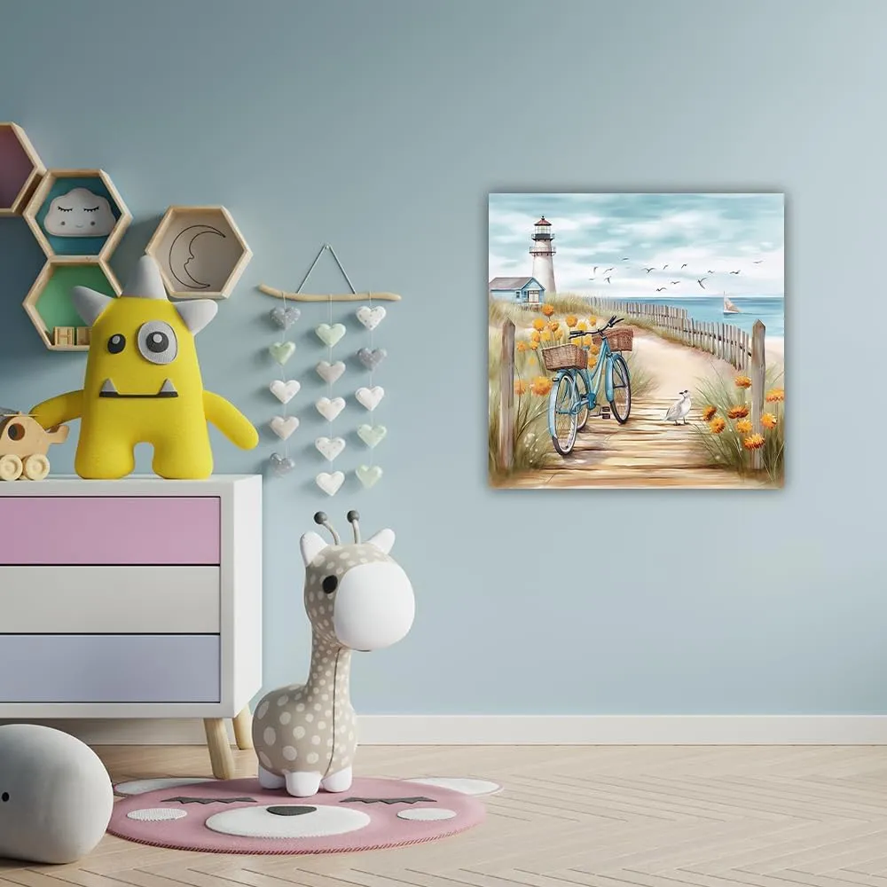 ZHOUWALLPIC Bike Beach Canvas Wall Art Blue Bicycle Paintings Seascape Lighthouse Picture Prints for Bathroom Decor Framed(Ocean-3,12.00" x 12.00")