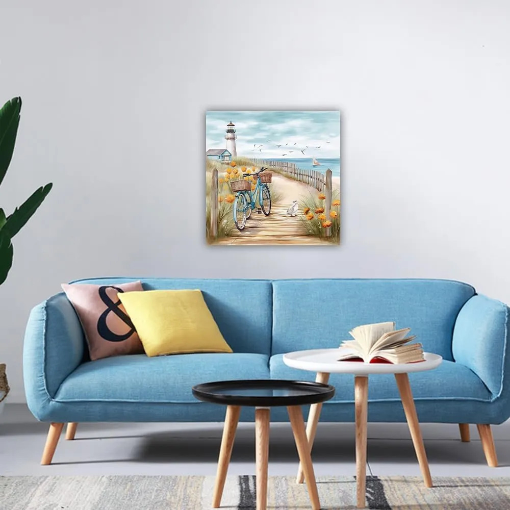 ZHOUWALLPIC Bike Beach Canvas Wall Art Blue Bicycle Paintings Seascape Lighthouse Picture Prints for Bathroom Decor Framed(Ocean-3,12.00" x 12.00")