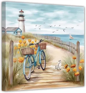 ZHOUWALLPIC Bike Beach Canvas Wall Art Blue Bicycle Paintings Seascape Lighthouse Picture Prints for Bathroom Decor Framed(Ocean-3,12.00" x 12.00")