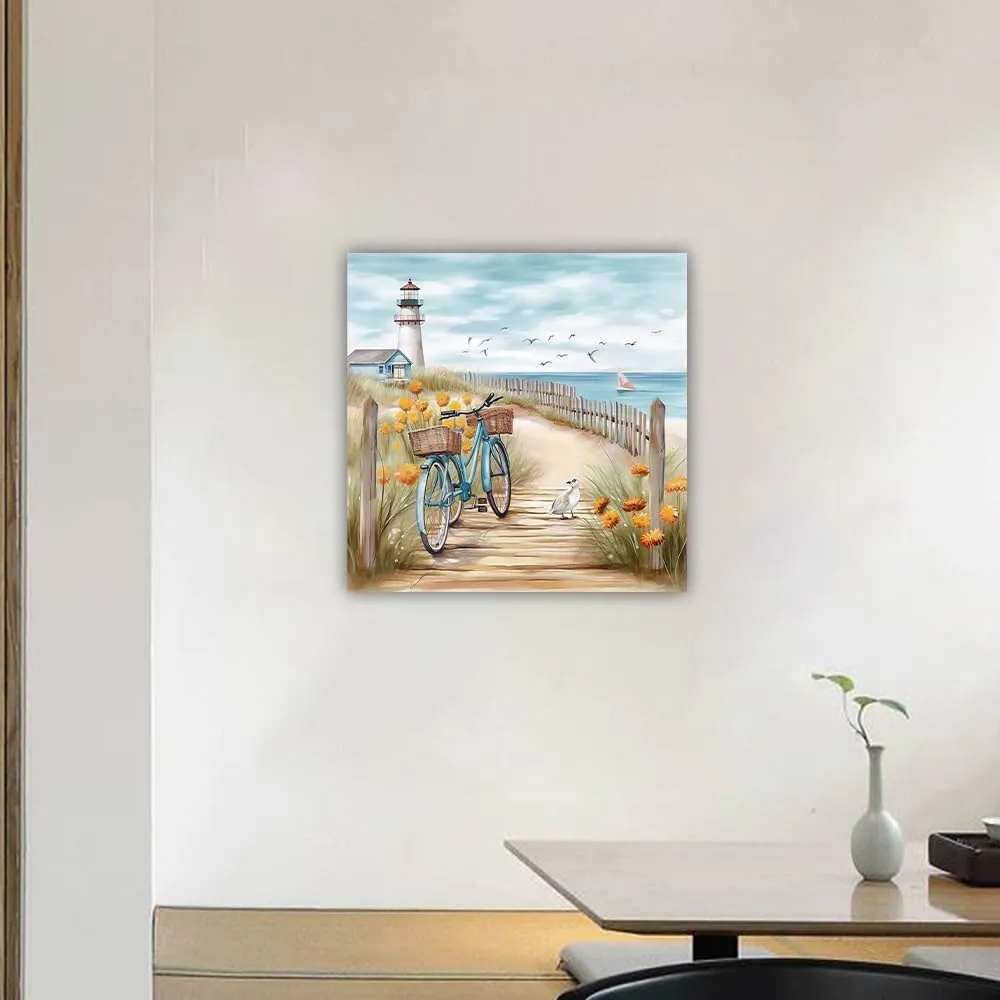 ZHOUWALLPIC Bike Beach Canvas Wall Art Blue Bicycle Paintings Seascape Lighthouse Picture Prints for Bathroom Decor Framed(Ocean-3,12.00" x 12.00")