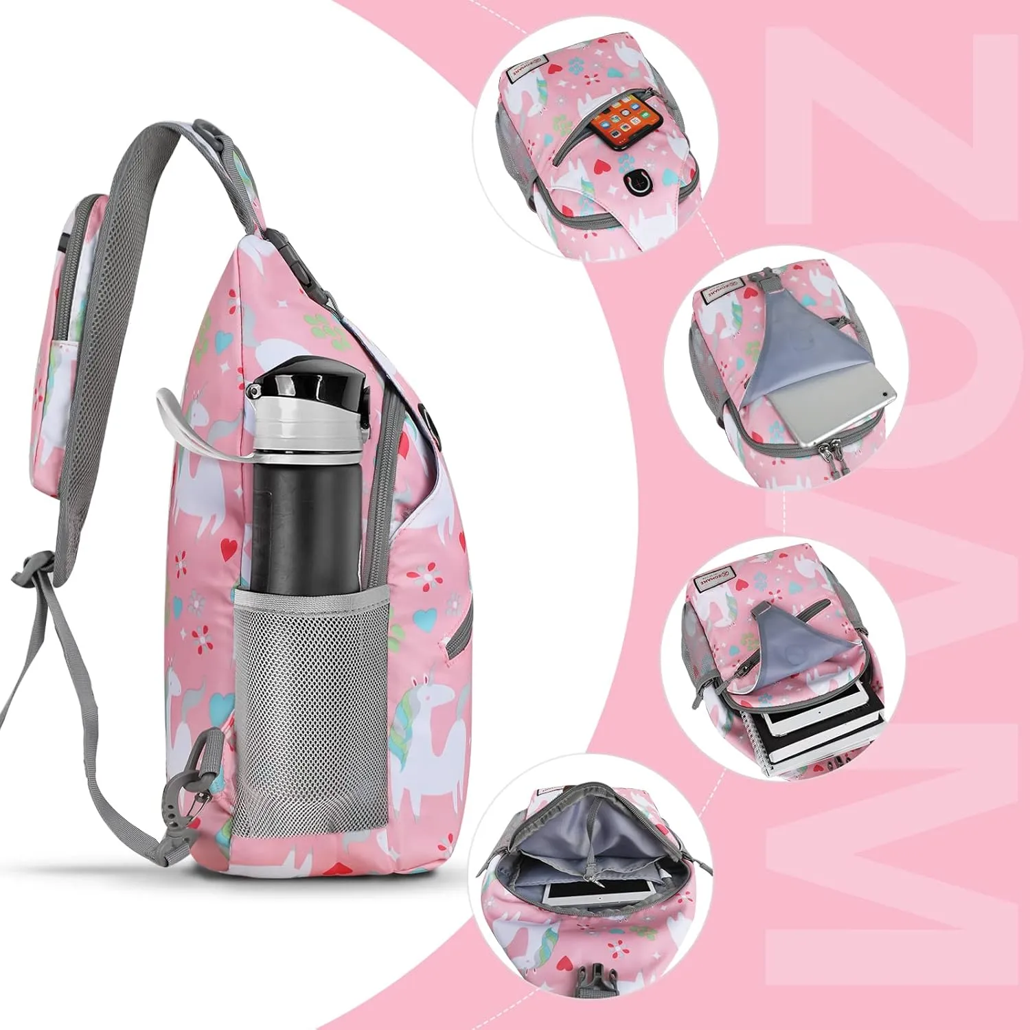 ZOMAKE Sling Bag for Women Men, Small Crossbody Sling Backpack, Mini Water Resistant Shoulder Daypack for Travel, Anti Thief Chest Bag for Hiking, Sports(Unicorn Pink)