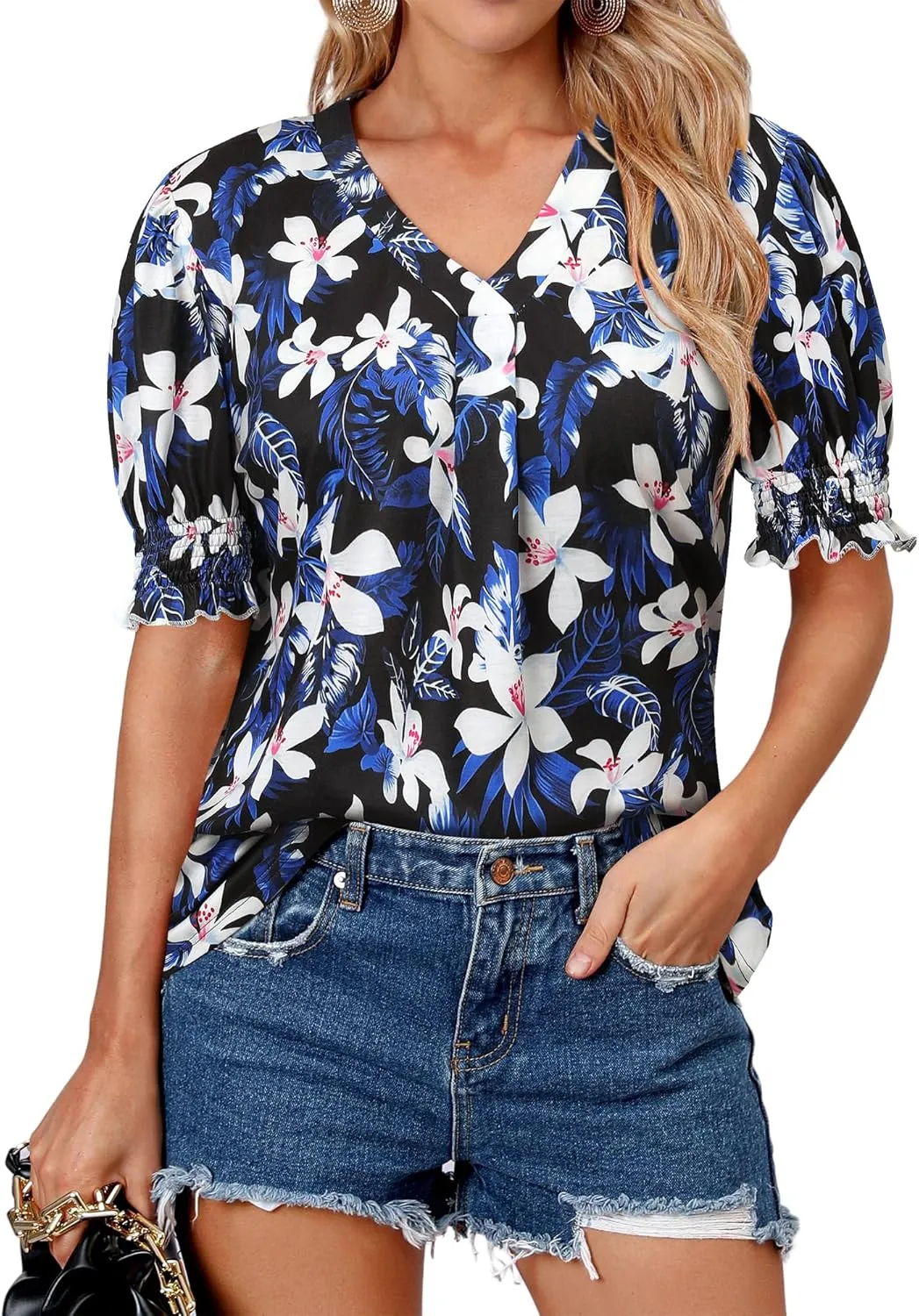 ZXZY Women Ruffle Short Sleeve Pleated V Neck Floral Print Hawaiian Shirts Blouse Tops